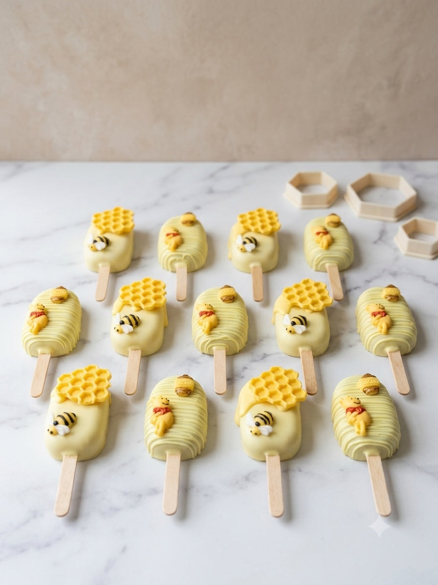 Dozen honey bear and bumblebee cakesicles arranged on a white marble counter
